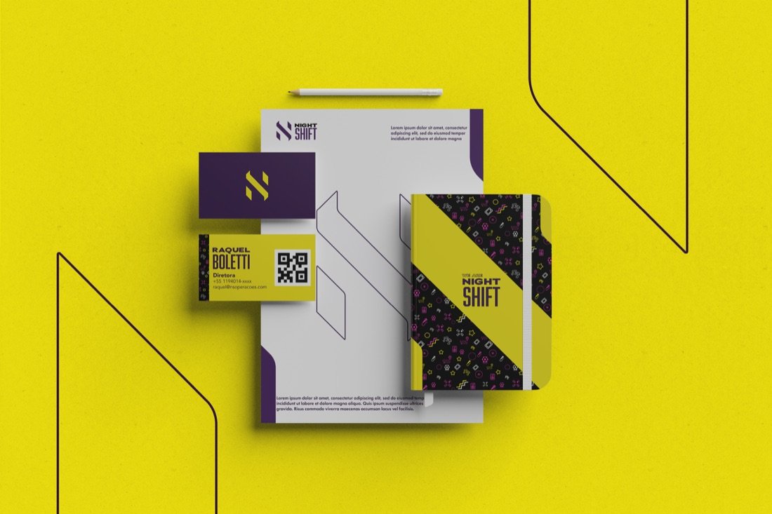Papelaria da identidade Nightshift Operações, eventos